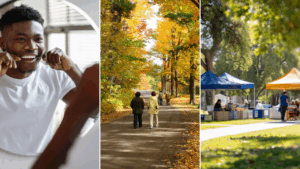 a 3 picture thumbnail containing a man flossing, people walking on a park trail and the trees and leaves have changed color in the fall, and a blue and yellow tent at a farmer's market in a park