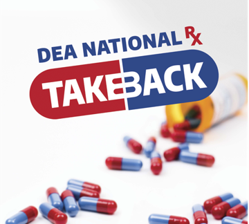 Image of DEA National RX Take Back logo and a spilled bottle of pills