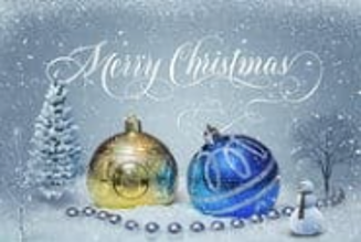 A gold and a blue ornament with snow in the background