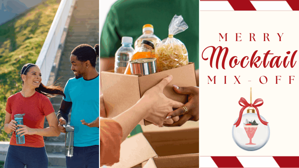 a 3 photo collage containing a man and women jogging and holding water bottles, hands passing off a box of supplies and goods to other hands, and an ad for merry mocktail mixoff with an drink ornament